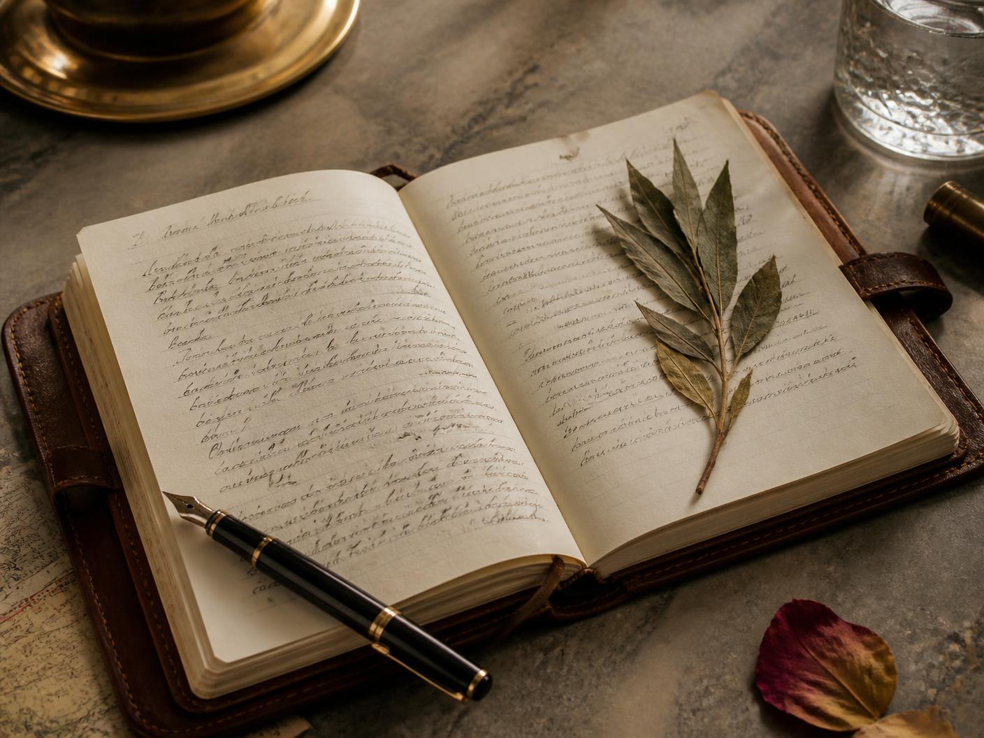 Open travel journal with handwritten notes, a fountain pen and a dried olive sprig