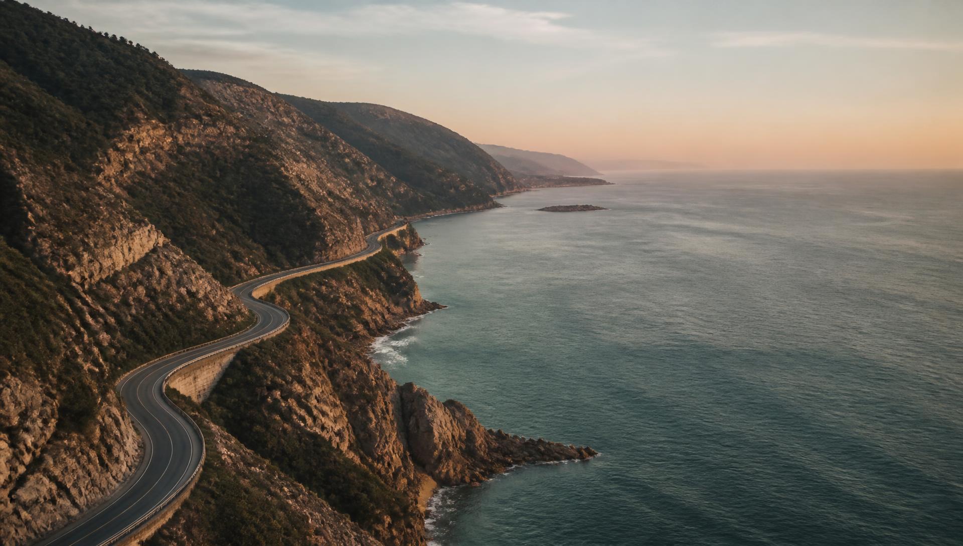 Winding coastal cliff road above a calm sea at golden hour