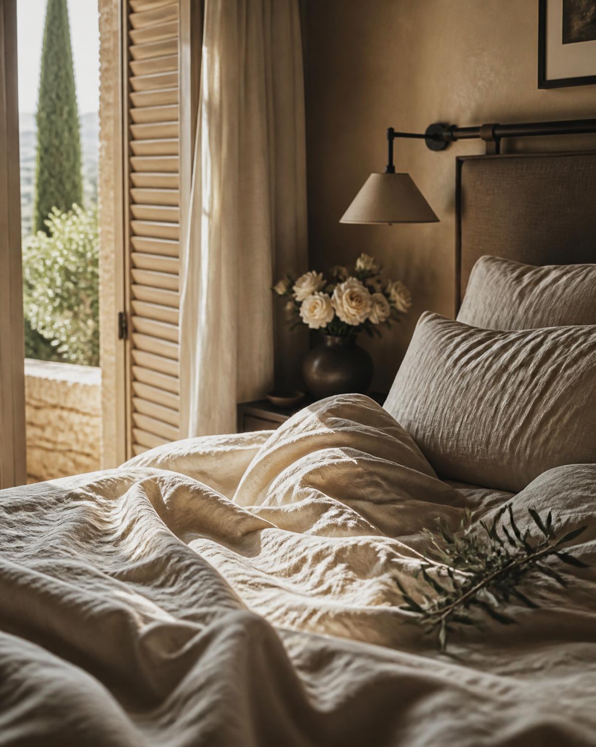Linen bedding in a sunlit boutique hotel room with roses and an olive sprig